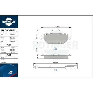 Stabdžių trinkelių rinkinys, diskinis stabdys ROTINGER RT 2PD08511