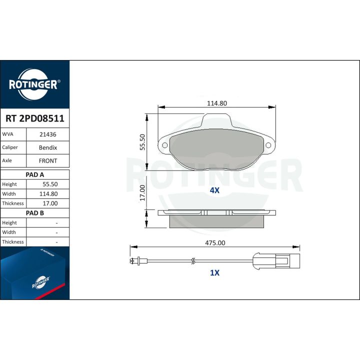 Stabdžių trinkelių rinkinys, diskinis stabdys ROTINGER RT 2PD08511