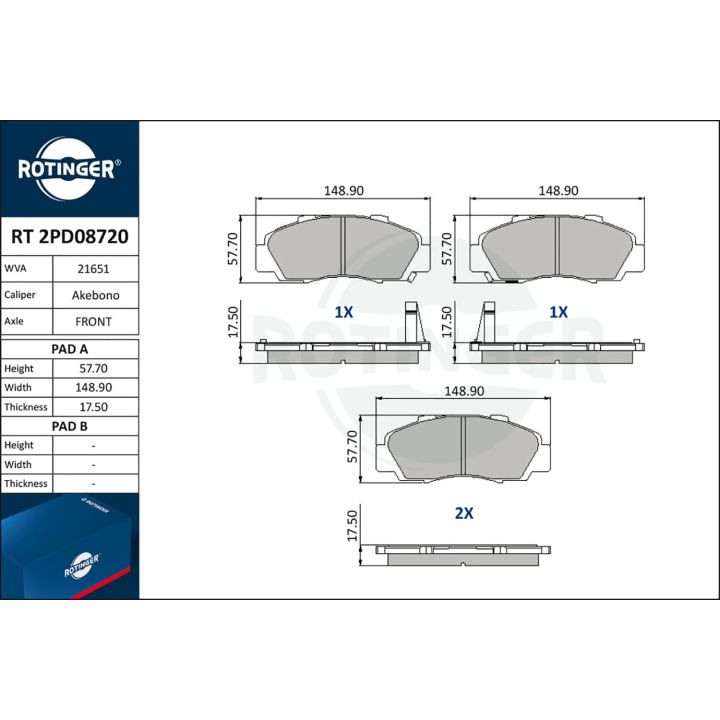 Stabdžių trinkelių rinkinys, diskinis stabdys ROTINGER RT 2PD08720
