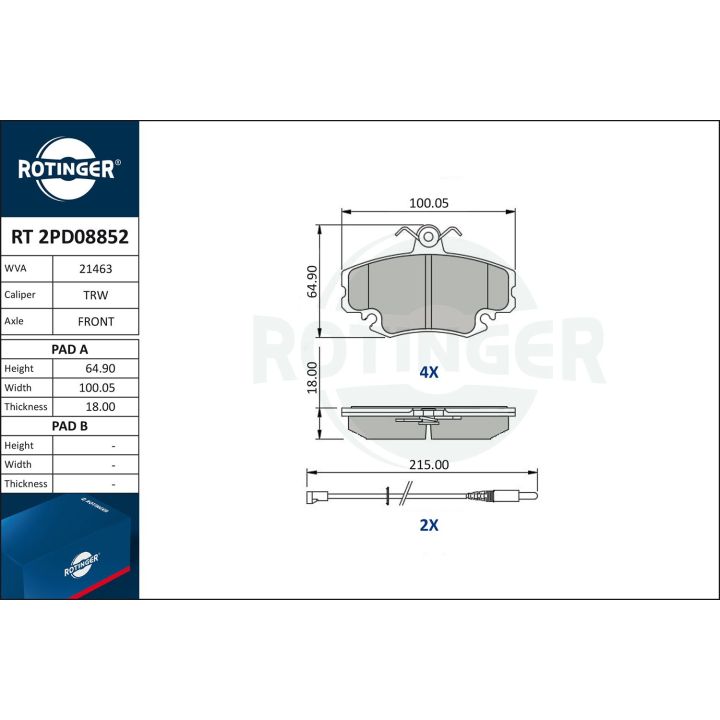 Stabdžių trinkelių rinkinys, diskinis stabdys ROTINGER RT 2PD08852