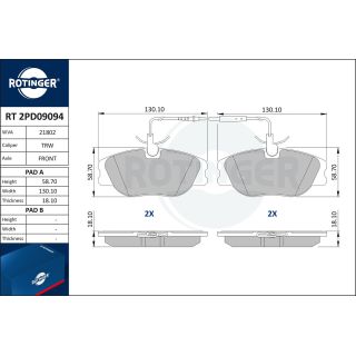 Stabdžių trinkelių rinkinys, diskinis stabdys ROTINGER RT 2PD09094