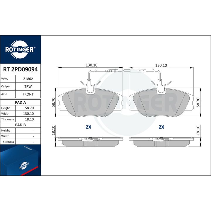 Stabdžių trinkelių rinkinys, diskinis stabdys ROTINGER RT 2PD09094