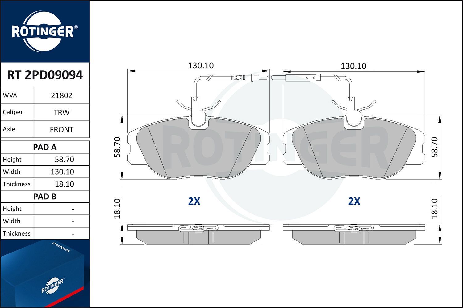 Stabdžių trinkelių rinkinys, diskinis stabdys ROTINGER RT 2PD09094