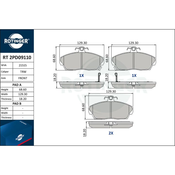 Stabdžių trinkelių rinkinys, diskinis stabdys ROTINGER RT 2PD09110