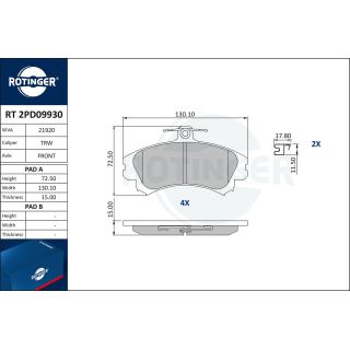 Stabdžių trinkelių rinkinys, diskinis stabdys ROTINGER RT 2PD09930