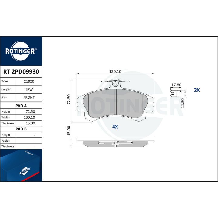 Stabdžių trinkelių rinkinys, diskinis stabdys ROTINGER RT 2PD09930