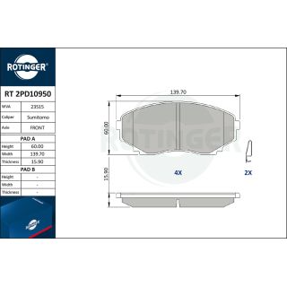 Stabdžių trinkelių rinkinys, diskinis stabdys ROTINGER RT 2PD10950