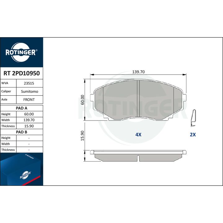 Stabdžių trinkelių rinkinys, diskinis stabdys ROTINGER RT 2PD10950