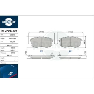 Stabdžių trinkelių rinkinys, diskinis stabdys ROTINGER RT 2PD11400