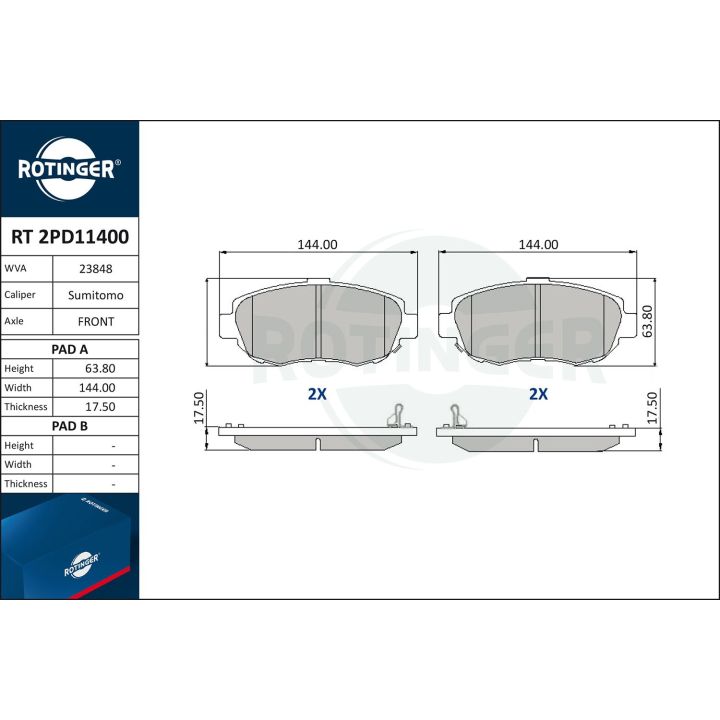 Stabdžių trinkelių rinkinys, diskinis stabdys ROTINGER RT 2PD11400