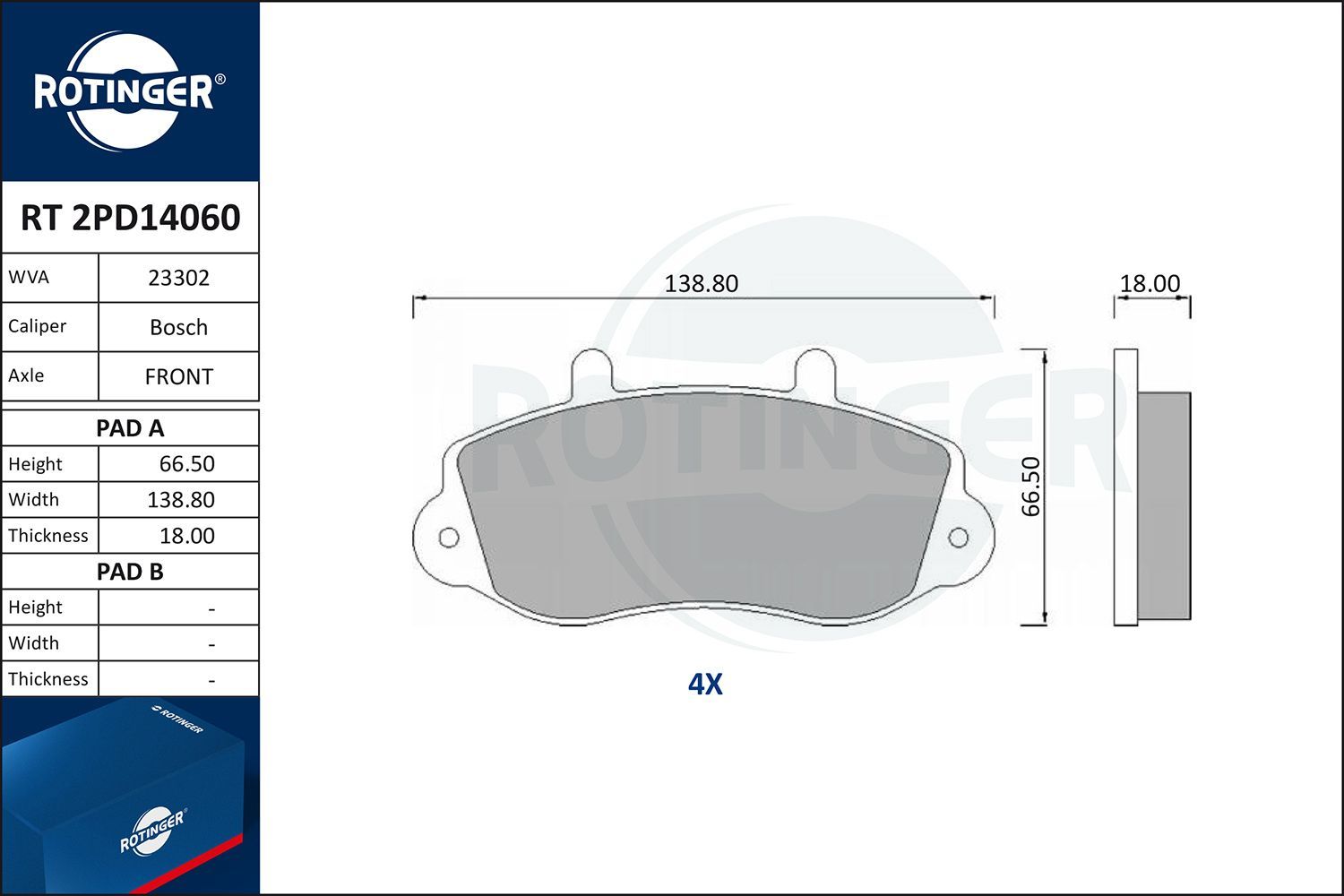 Stabdžių trinkelių rinkinys, diskinis stabdys ROTINGER RT 2PD14060