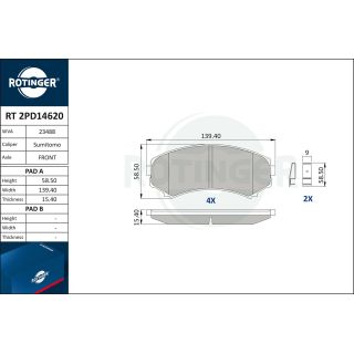 Stabdžių trinkelių rinkinys, diskinis stabdys ROTINGER RT 2PD14620