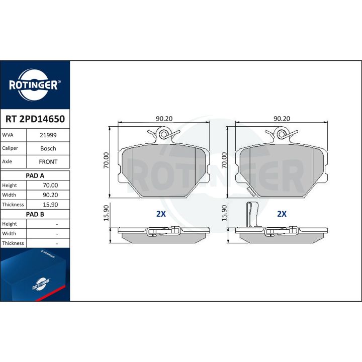 Stabdžių trinkelių rinkinys, diskinis stabdys ROTINGER RT 2PD14650