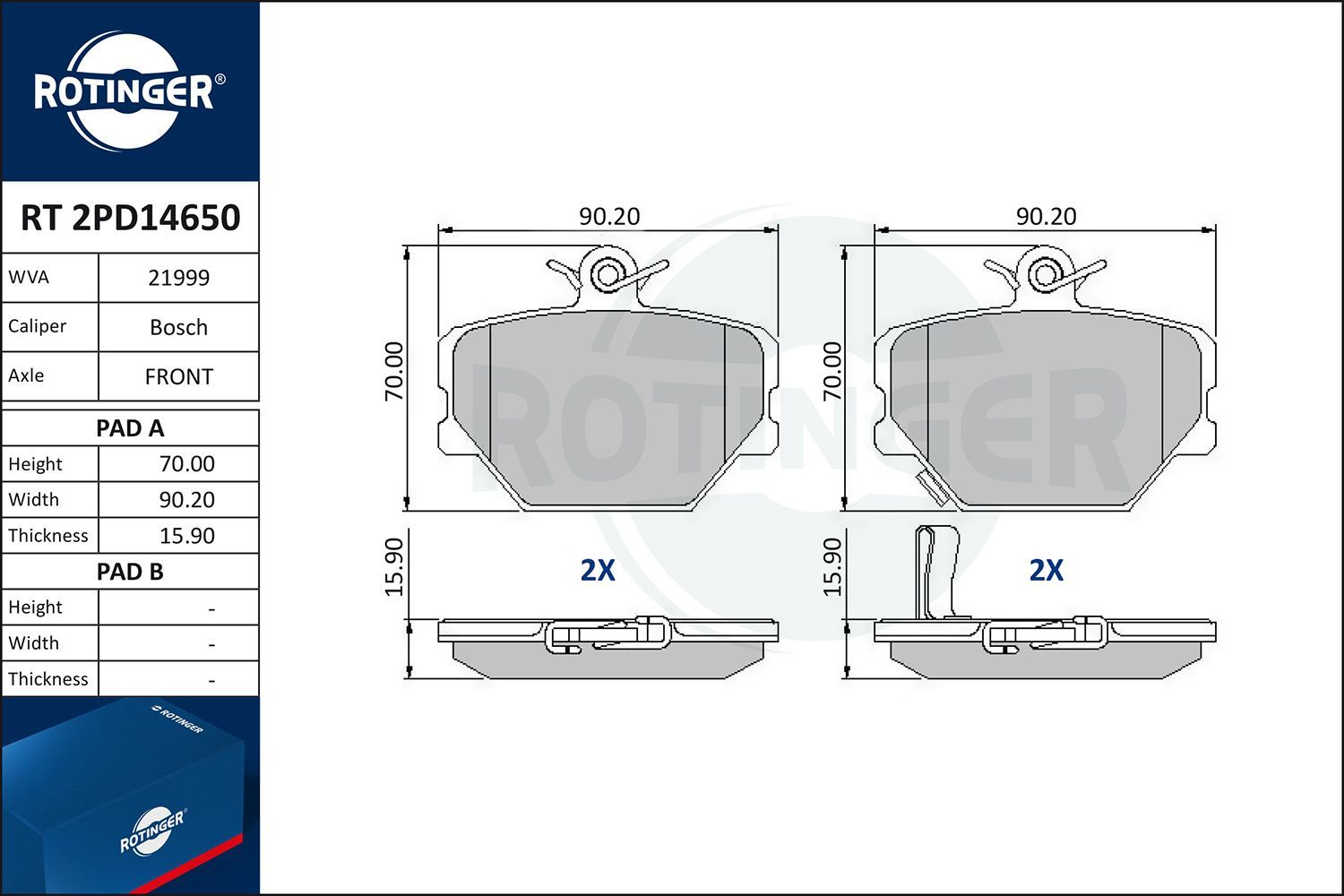 Stabdžių trinkelių rinkinys, diskinis stabdys ROTINGER RT 2PD14650