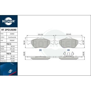 Stabdžių trinkelių rinkinys, diskinis stabdys ROTINGER RT 2PD14690