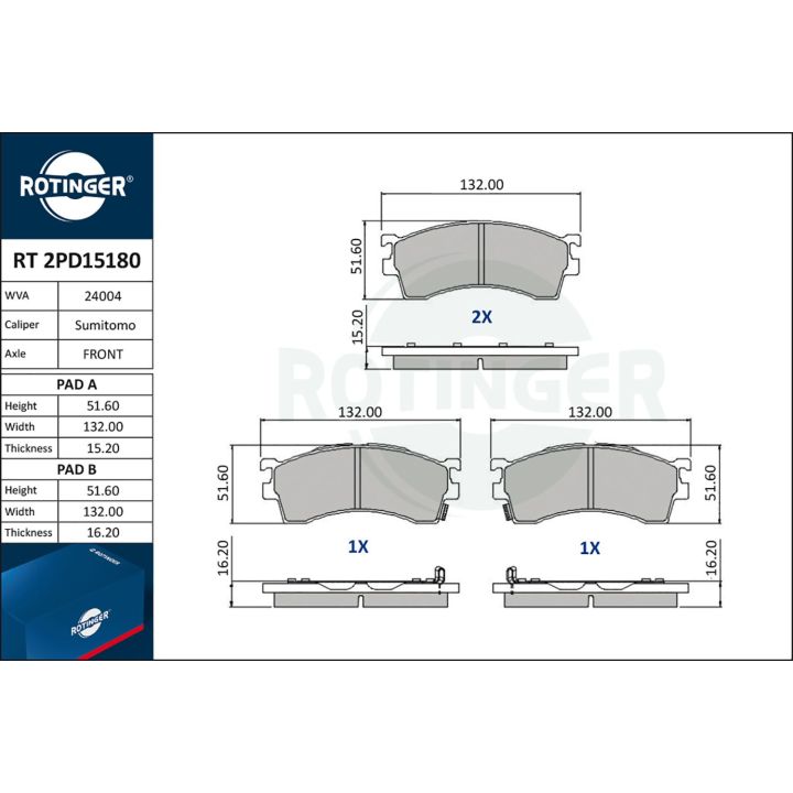 Stabdžių trinkelių rinkinys, diskinis stabdys ROTINGER RT 2PD15180