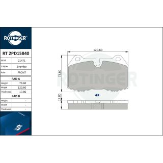 Stabdžių trinkelių rinkinys, diskinis stabdys ROTINGER RT 2PD15840