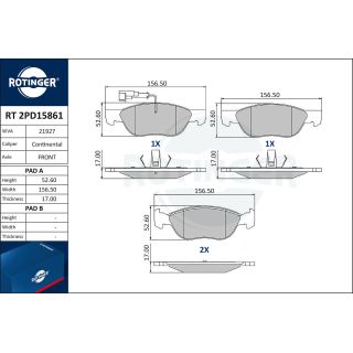 Stabdžių trinkelių rinkinys, diskinis stabdys ROTINGER RT 2PD15861