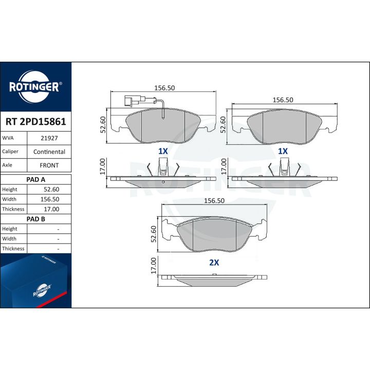 Stabdžių trinkelių rinkinys, diskinis stabdys ROTINGER RT 2PD15861