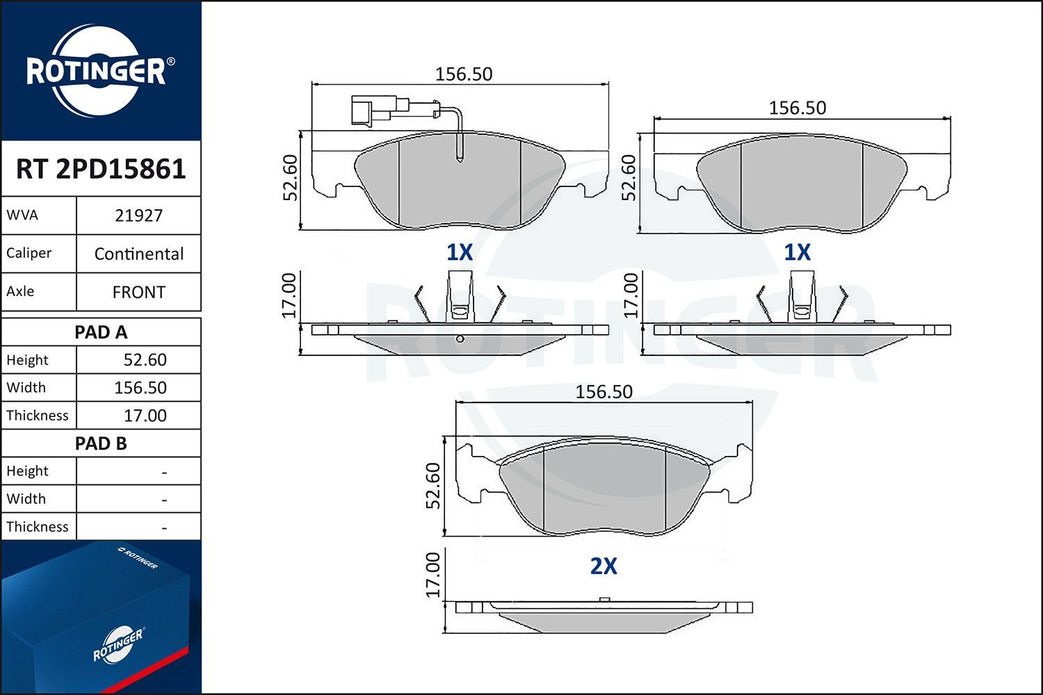 Stabdžių trinkelių rinkinys, diskinis stabdys ROTINGER RT 2PD15861