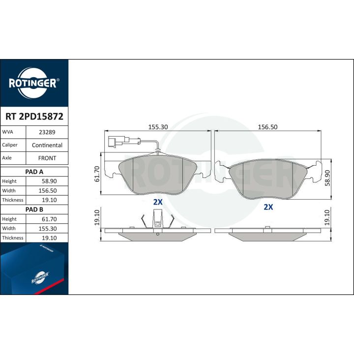 Stabdžių trinkelių rinkinys, diskinis stabdys ROTINGER RT 2PD15872