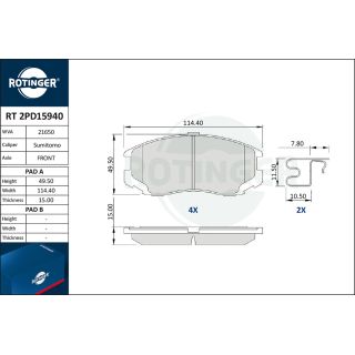Stabdžių trinkelių rinkinys, diskinis stabdys ROTINGER RT 2PD15940