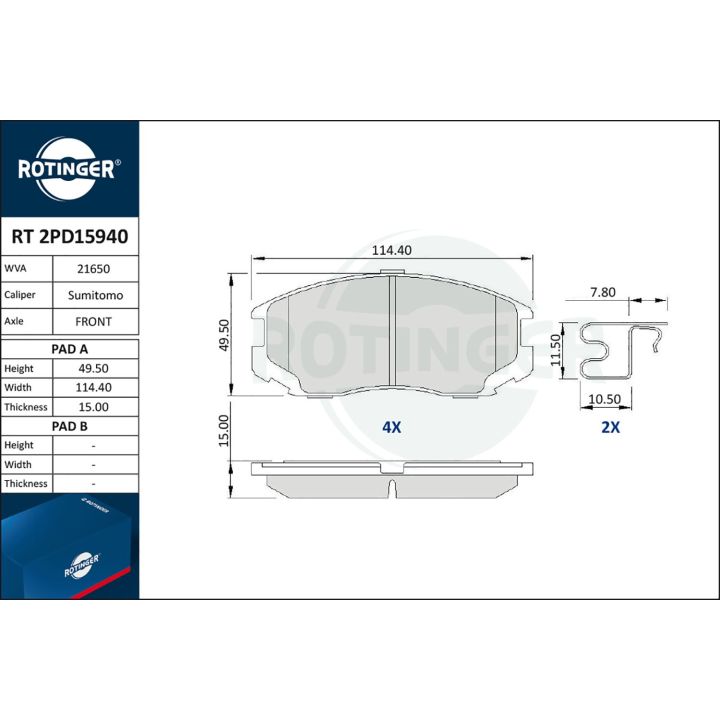 Stabdžių trinkelių rinkinys, diskinis stabdys ROTINGER RT 2PD15940