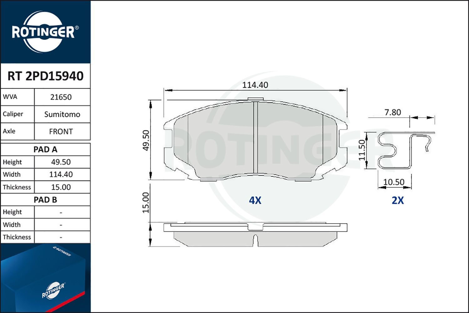 Stabdžių trinkelių rinkinys, diskinis stabdys ROTINGER RT 2PD15940