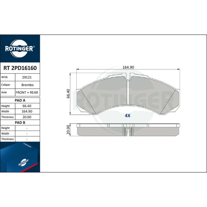 Stabdžių trinkelių rinkinys, diskinis stabdys ROTINGER RT 2PD16160
