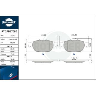 Stabdžių trinkelių rinkinys, diskinis stabdys ROTINGER RT 2PD17080