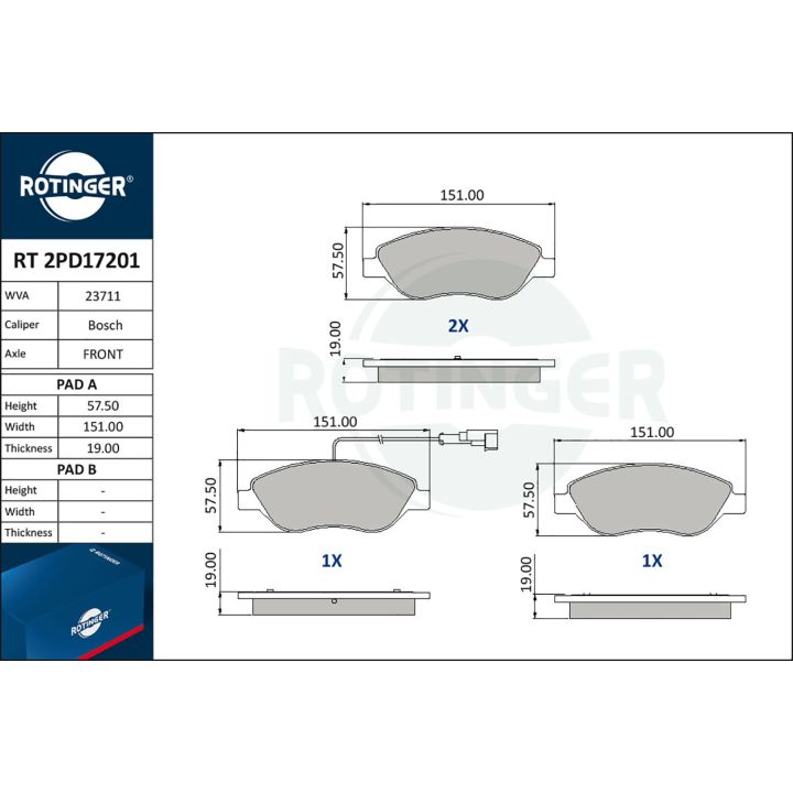 Stabdžių trinkelių rinkinys, diskinis stabdys ROTINGER RT 2PD17201