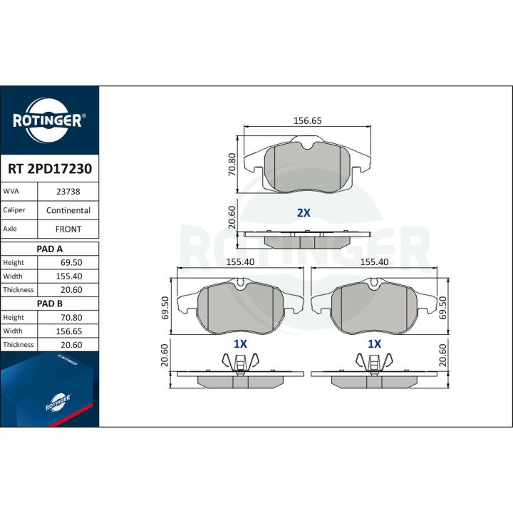 Stabdžių trinkelių rinkinys, diskinis stabdys ROTINGER RT 2PD17230