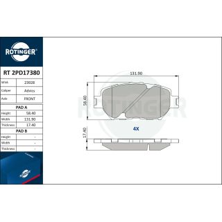 Stabdžių trinkelių rinkinys, diskinis stabdys ROTINGER RT 2PD17380