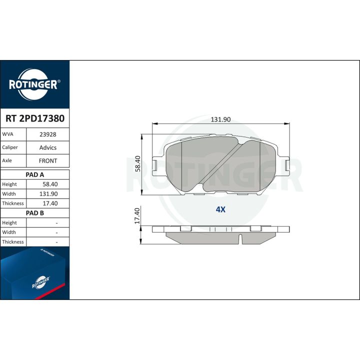 Stabdžių trinkelių rinkinys, diskinis stabdys ROTINGER RT 2PD17380