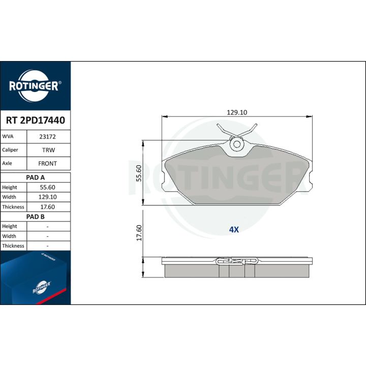 Stabdžių trinkelių rinkinys, diskinis stabdys ROTINGER RT 2PD17440