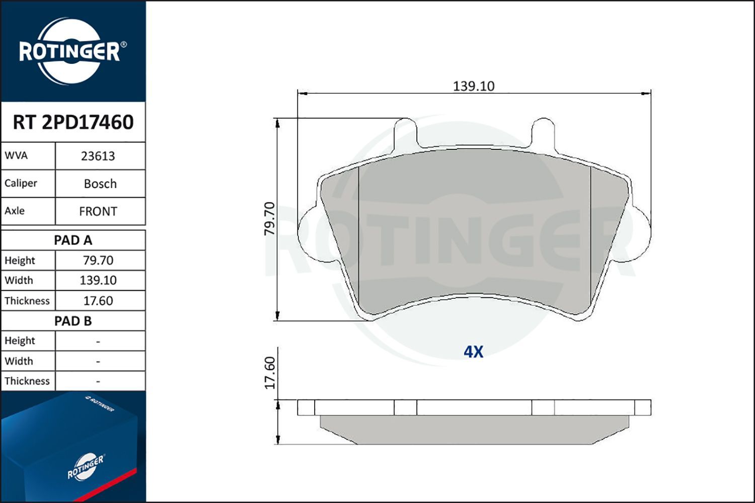 Stabdžių trinkelių rinkinys, diskinis stabdys ROTINGER RT 2PD17460