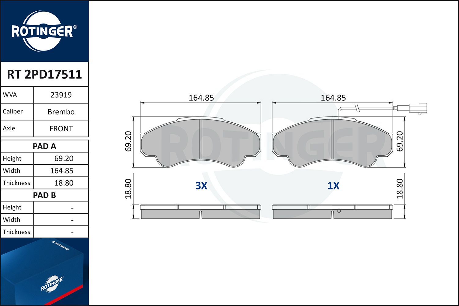 Stabdžių trinkelių rinkinys, diskinis stabdys ROTINGER RT 2PD17511