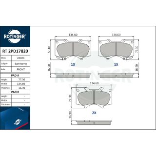 Stabdžių trinkelių rinkinys, diskinis stabdys ROTINGER RT 2PD17820