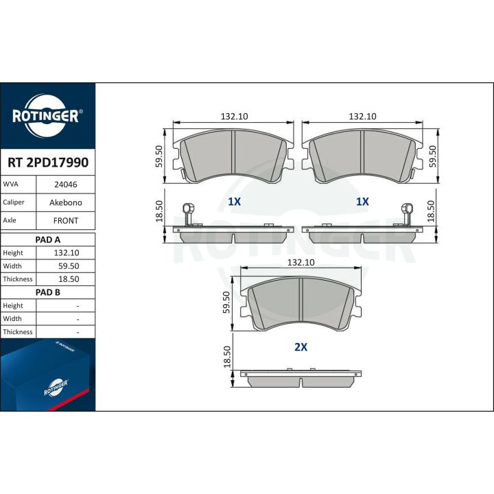 Stabdžių trinkelių rinkinys, diskinis stabdys ROTINGER RT 2PD17990