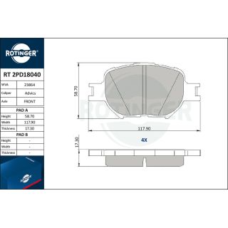 Stabdžių trinkelių rinkinys, diskinis stabdys ROTINGER RT 2PD18040