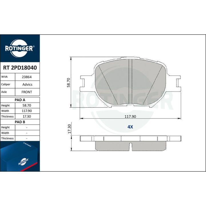 Stabdžių trinkelių rinkinys, diskinis stabdys ROTINGER RT 2PD18040