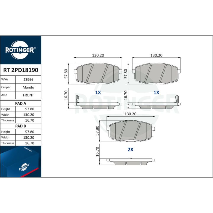 Stabdžių trinkelių rinkinys, diskinis stabdys ROTINGER RT 2PD18190