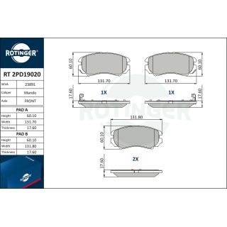 Stabdžių trinkelių rinkinys, diskinis stabdys ROTINGER RT 2PD19020