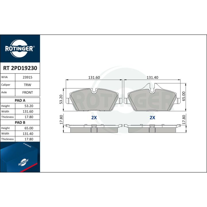 Stabdžių trinkelių rinkinys, diskinis stabdys ROTINGER RT 2PD19230