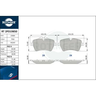 Stabdžių trinkelių rinkinys, diskinis stabdys ROTINGER RT 2PD19850