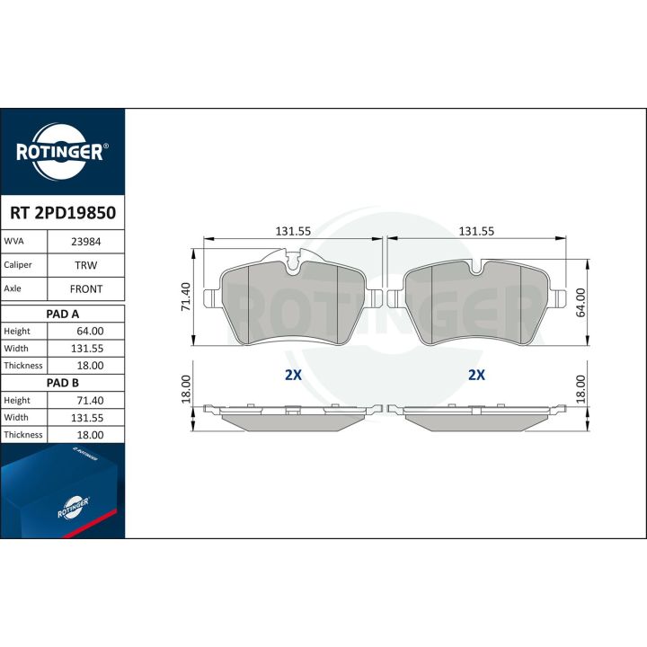 Stabdžių trinkelių rinkinys, diskinis stabdys ROTINGER RT 2PD19850