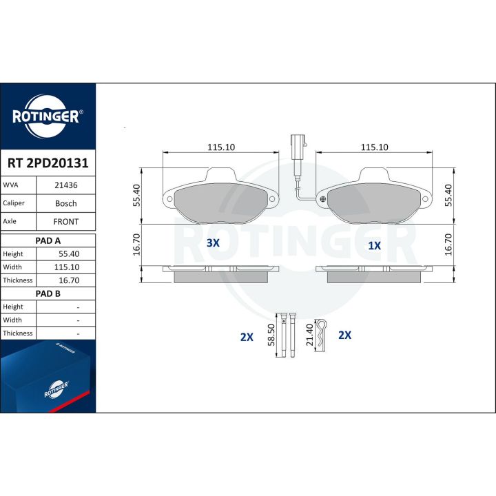 Stabdžių trinkelių rinkinys, diskinis stabdys ROTINGER RT 2PD20131