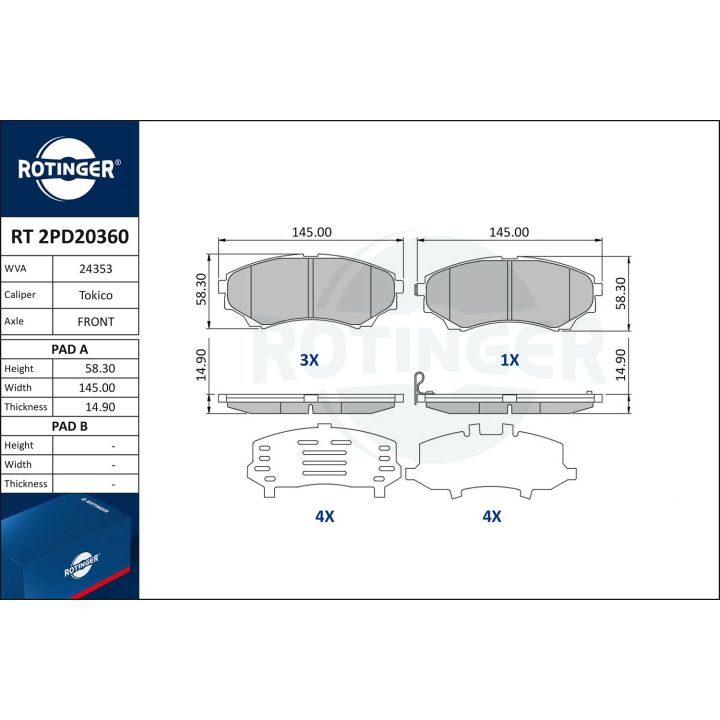 Stabdžių trinkelių rinkinys, diskinis stabdys ROTINGER RT 2PD20360