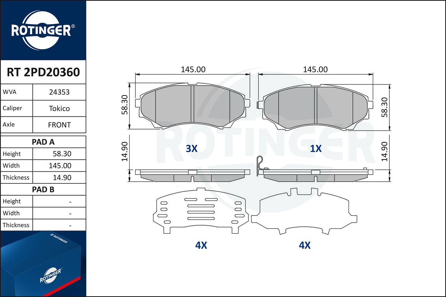 Stabdžių trinkelių rinkinys, diskinis stabdys ROTINGER RT 2PD20360