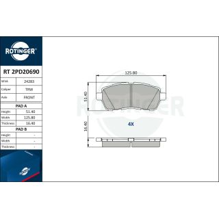 Stabdžių trinkelių rinkinys, diskinis stabdys ROTINGER RT 2PD20690